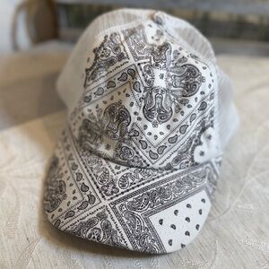 C.C Pony Cap White/Black Paisley Bandana Criss Cross Pony Cap with Mesh Back